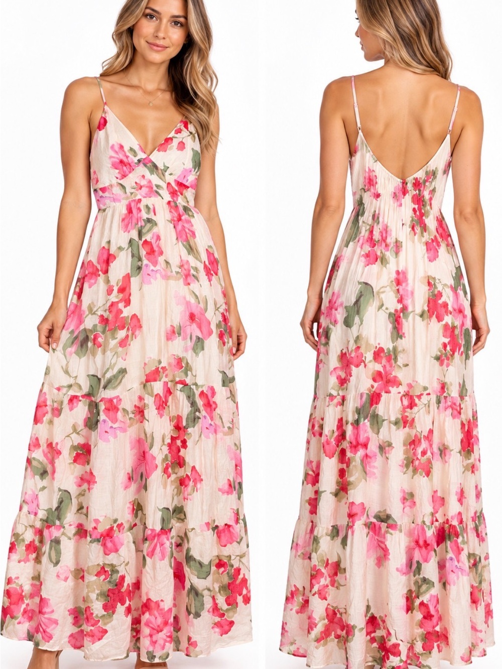 LUSH Floral Tiered Maxi Dress Medium Pink Ivory V Neck Boho